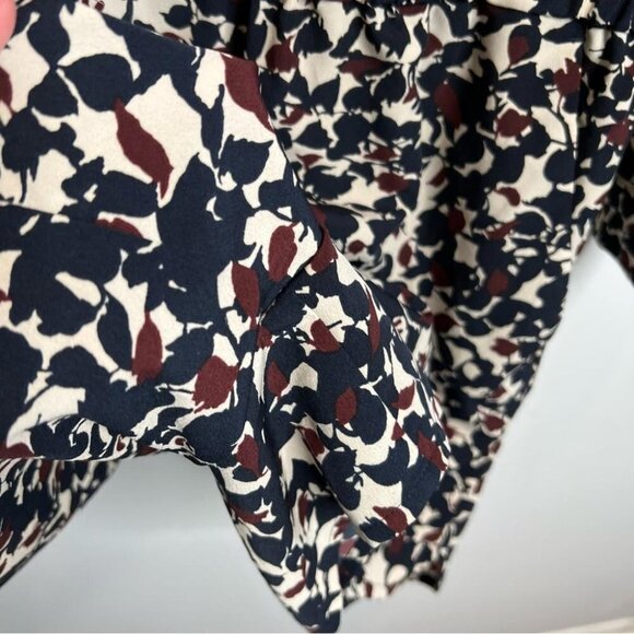 LOFT Womens Size 2 Navy Blue Burgundy Cream Floral Long Sleeve Tie Neck Romper - Picture 9 of 15